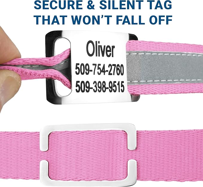 GoTags Reflective Personalized Dog Collar with Nameplate, Adjustable Dog Collar with Custom Engraved Steel Slide On Pet ID Tag, Silent, No Noise Dog Tag for Large Medium or Small (Pink, Large)-PurrikoPets