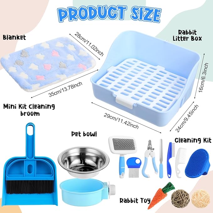 15 Pcs Rabbit Starter Kit Small Rabbit Litter Box Animal Grooming Kit Bunny Toys Bowl Blankets with Cleaning Set for Guinea Pig Accessories(Candy Blue)-PurrikoPets