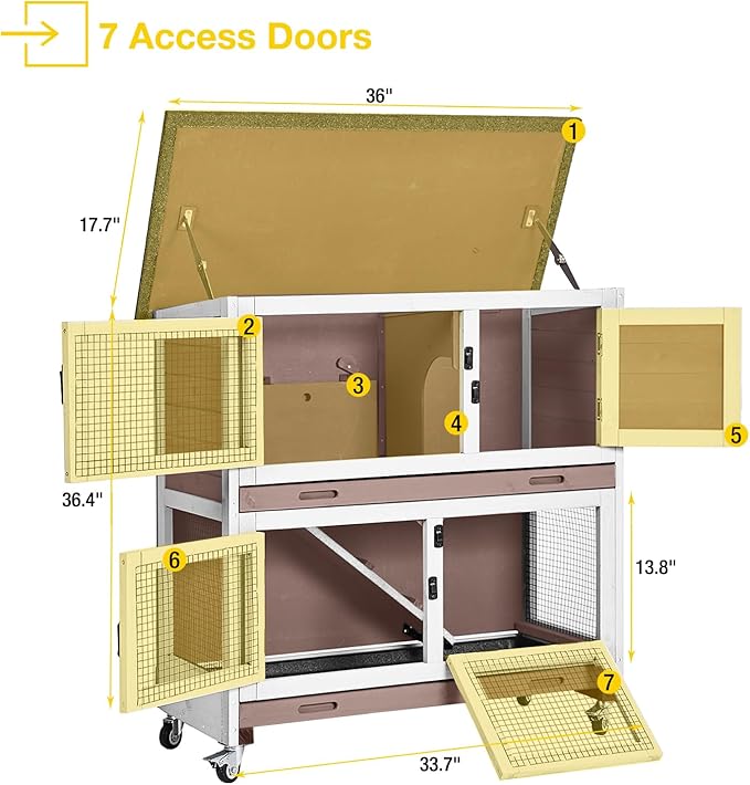 AIVITUVIN Wooden Rabbit Hutch Indoor Outdoor Rabbit Cage with Two Removable Trays Bunny Cage on Wheels Pet House Guinea Pig Cage 2 Story (Brown)-PurrikoPets