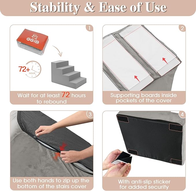 GGIB Non-Slip Pet Stairs for Small Dogs & Cats - 4-Step, Removable Washable Cover, Light Grey, 17" H-PurrikoPets