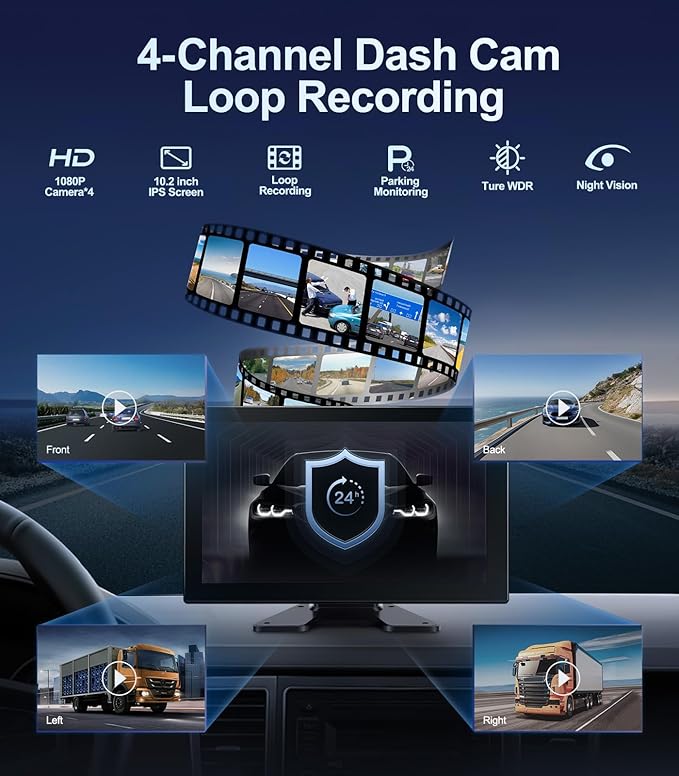 4 Channel 1080p Backup Camera Dash Cam for RV/Truck/Trailer/Van/SUV/Cars,10.2 Inch Touch Screen Quad Split Parking Monitor with DVR Recording/Playback/Bluetooth/FM Radio/Music/Video Player-PurrikoPets