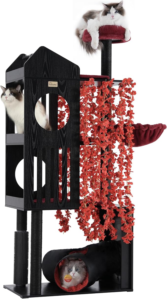 FourFurPets Gothic Cat Tree, 67" Cat Tower for Indoor Cats, Maine Coon Cat Tree for Large Cats 20 lbs+ with Extra-Large Padded Platform, Sisal-Covered Scratching Posts, Comfy Basket, Black & Red-PurrikoPets