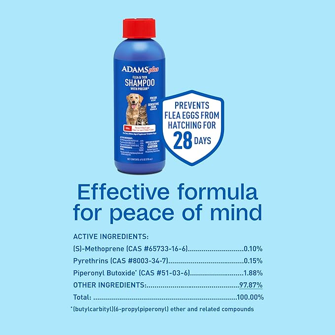Adams Plus Flea & Tick Shampoo with Precor for Cats, Kittens, Dogs & Puppies Over 12 Weeks Of Age |Sensitive Skin Flea Treatment for Dogs & Cats |Kills Adult Fleas, Flea Eggs, Ticks, and Lice |6 Oz-PurrikoPets