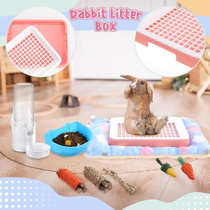 19 Pcs Rabbit Starter Kit Small Bunny Litter Box Rabbit Grooming Kit Water Bottle Bunny Toys Hay Feeder Bowl Blankets with Cleaning Set for Guinea Pig Accessories (Pink-White,Strawberry Bear)-PurrikoPets