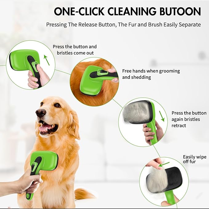 Dog Self Cleaning Slicker Brush for Shedding, Ideal for Short Long Haired Dogs, Including Cat. Removes Loose Fur, Undercoat, Mats, Tangled Hair. Suit for Large Medium Small Animal, Green-PurrikoPets