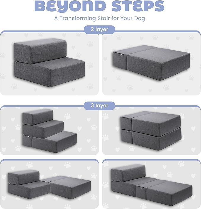 Foldable 18 Inch Wide 3 Step Wide Dog Stairs for Large Dogs, 18 Inch Height Foam Dog Steps for Bed & Couch, Linen Covered Pet Stairs for Dogs to Get on Bed, Outdoor Foam Pet Steps for for Cars & SUV-PurrikoPets