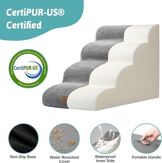 Dog Stairs for Small Dogs 19.7" H, Curved Dog Step for Puppy, Older or Cat, Medium Pet Ramp for Sofa, Couch or Bed, Ladder with High Density Foam, 15.7x28.3x19.7 inch, 4 Step, Grey-PurrikoPets
