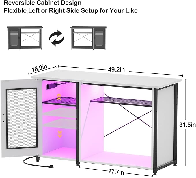55-75 Gallon Fish Tank Stand with Power Outlets & LED Light, Reversible Heavy Duty Metal Aquarium Stand with Cabinet for Fish Tank Accessories Storage, Turtle/Reptile Terrariums, White-PurrikoPets