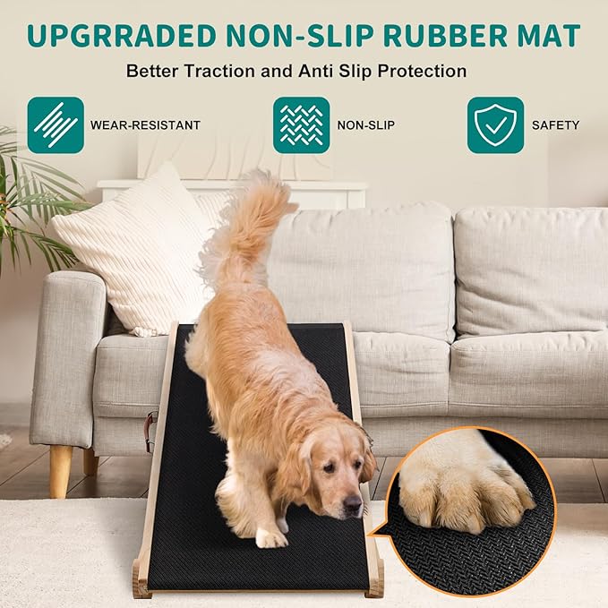 Dog Ramp for Bed, Adjustable Pet Ramps for Dog to Get on Bed, Non-Slip Rubber Surface - Folding Wooden Dog Ramp for Small/Large/Old Dogs, Adjustable up to 19.5 inch High Beds-PurrikoPets