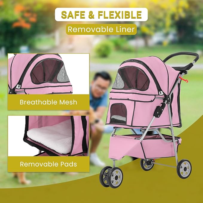 3-Wheels Pet Strolling Cart for Small Medium Dogs and Cats with Storage Basket,Holder, Foldable Pet Stroller with Waterproof Cover, Breathable Mesh for All-Season, Pink-PurrikoPets