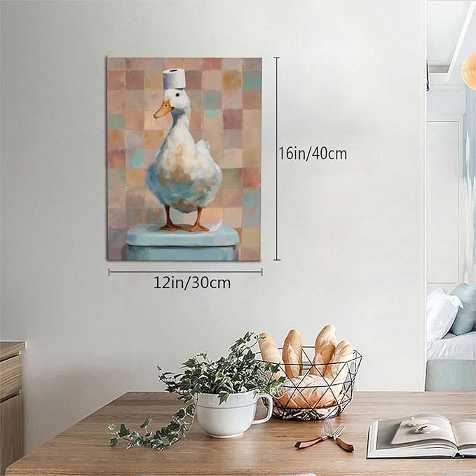 Funny Duck Bathroom Wall Art Cute Duck on Toilet Canvas Wall Decor Funny Quirky Farm Animal Pictures Painting Print Framed Artwork Decorations Gifts for Bathroom 12"x16"-PurrikoPets
