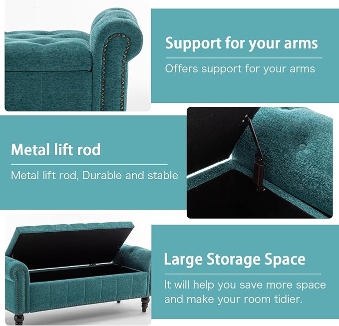 58’’ Storage Bench for Bedroom, Upholstered Button-Tufted Ottoman with Solid Wood Legs, Queen Size End of Bed Shoe Cabinet, Window Seat Foot Rest Stool for Entryway, Living Room (Teal)-PurrikoPets