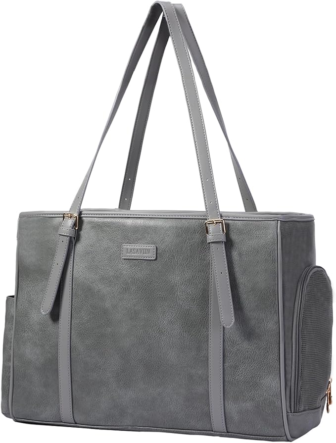 Fashion Dog Purse Pet Carrier Leather Bag for Small Dogs Cats Puppy, Portable Tote Bag Airline Approved Soft-Sided Carriers (Grey)-PurrikoPets