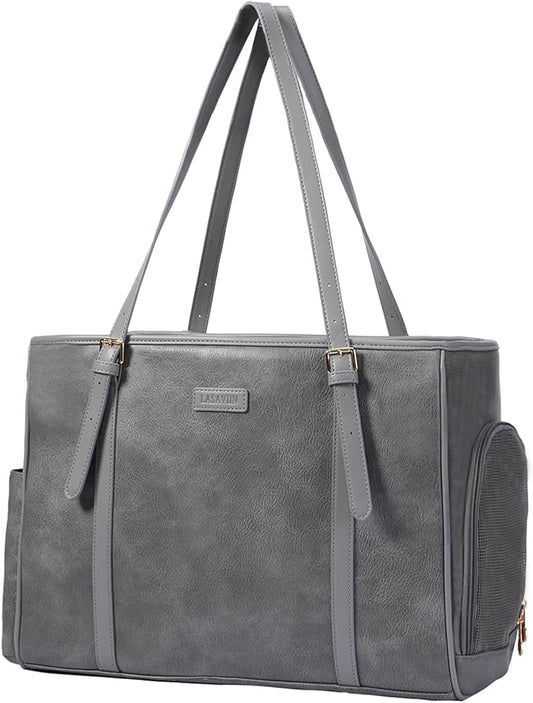 Fashion Dog Purse Pet Carrier Leather Bag for Small Dogs Cats Puppy, Portable Tote Bag Airline Approved Soft-Sided Carriers (Grey)-PurrikoPets