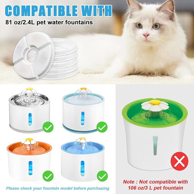 12 Pack Cat Water Fountain Filter, 8 Pcs Cat Fountain Filters Replacement & 4 Pcs Pre-Filter Sponges for 81oz / 2.4L Round Automatic Pet Water Fountain Dog Dispenser, 3-Filtration System-PurrikoPets