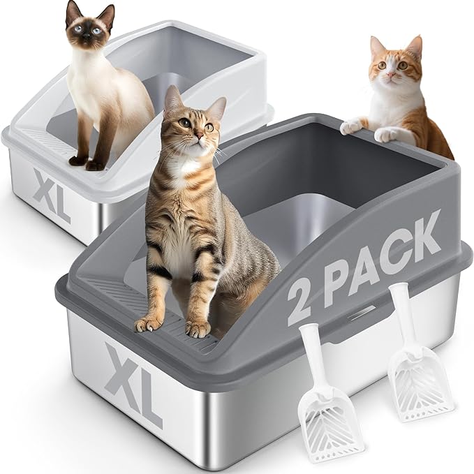 2 Pack Stainless Steel Litter Box | XL Enclosed Cat Litter Boxes with Lid for Big Cats and Multi-Cats | High Sided, Anti-Urine Leakage | Non-Stick Bottom（Multi-Colored）-PurrikoPets
