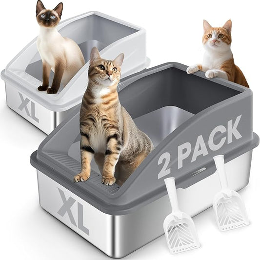 2 Pack Stainless Steel Litter Box | XL Enclosed Cat Litter Boxes with Lid for Big Cats and Multi-Cats | High Sided, Anti-Urine Leakage | Non-Stick Bottom（Multi-Colored）-PurrikoPets