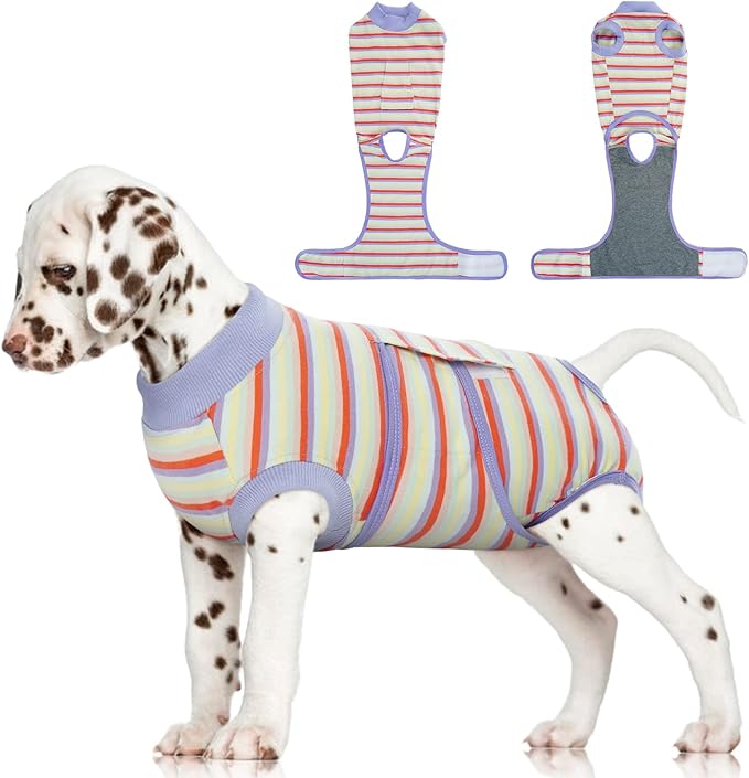 FUAMEY Recovery Suit for Dogs After Surgery,Soft Breathable Dog Bodysuit E-Collar & Cone Alternative Surgical Suit,Male Female Dog Neuter Spay Suits Anti Licking Wounds Onesie Purple Stripes XS-PurrikoPets