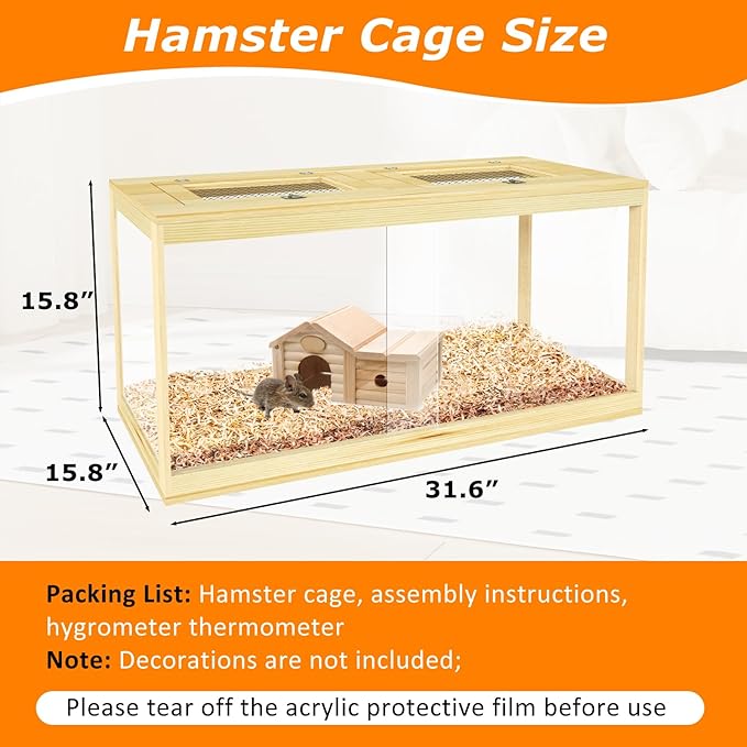 32" Hamster Habitat Enclosure, Lockable Sliding Door Gerbil Cage, Dwarf Hamster Cage with Metal Mesh Roof, Chewproof Syrian Hamster Cage for Mice, Small Animal, (Wooden, 32" L x 16" W x 16" H)-PurrikoPets