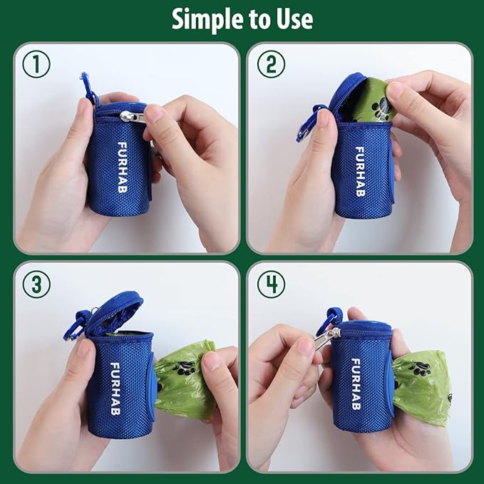 Dog Poop Bag Holder for Leash Doggie Waste Bag Dispenser Soft Fabric Puppy Potty Carrier Small Doggy Zipper Pouch with Carabiner Clip 1680D Nylon Oxford with 1 Roll of Pet Trash Bag, Royal Blue-PurrikoPets