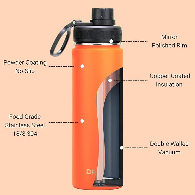 DRINCO Stainless Steel Water Bottle Spout Lid Vacuum Insulated Double Wall Water Bottle Wide Mouth (40oz 32oz 22oz 18oz 14oz) Leak Proof Keep Cold Sport Camping Hiking (22 oz, 22oz Orange)-PurrikoPets