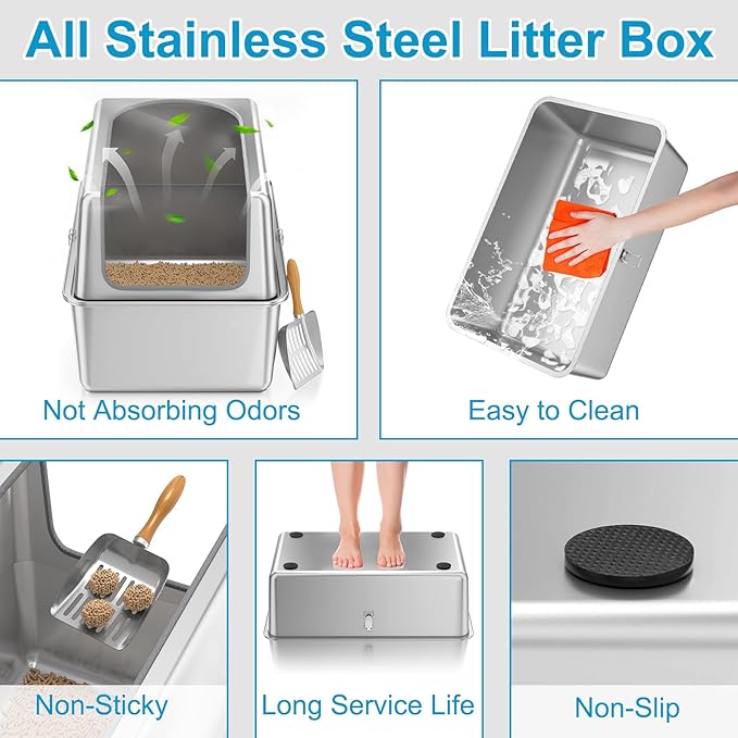 16'' High Sides XXXL All Stainless Steel Cat Litter Box with Lid,8'' Deep Metal Litter Box for Big Cats,Extra Large Litter Boxes with High Wall Enclosure,Anti-Leakage,Never Absorbs Odors,Non-Sticky-PurrikoPets