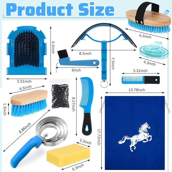 Abbylike 12 Pieces Horse Grooming Kit Racing Festival Tack Room Supplies Horse Brush Sets Equine Care Cleaning Kit Shedding Grooming Massaging Tools(Blue)-PurrikoPets