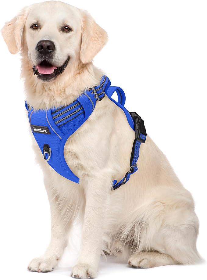 Funfox Dog Harness No Pull, Adjustable Pet Vest Harness, Super Soft Material with Vertical Handle Easy Control, Reflective Night Walking, 2 Leash Clips for Large Dogs, Blue, L-PurrikoPets