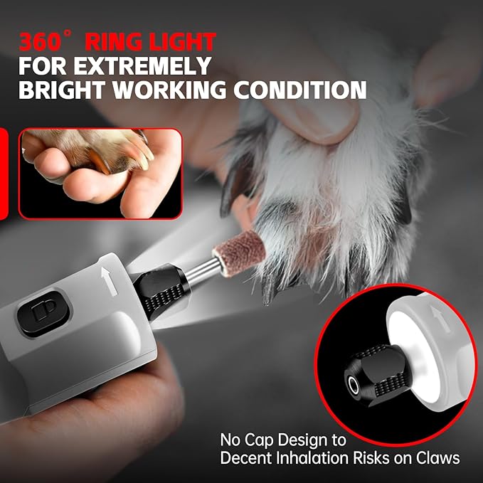 Dog Nail Grinder - Rechargeable Pet Nail Grinder, Electric Upgraded 5 Speed w LED Lights Cordless Dog Nail Trimmer Kit, 40 Accessories Pet Dog Claw Care Kit for Dogs Cats and Small Medium Animals Grey-PurrikoPets