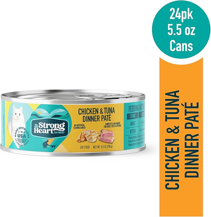 A Strong Heart Canned Wet Cat Food, Chicken & Tuna Dinner Paté - 5.5 oz Cans (Pack of 24), Made in The USA with Real Chicken & Tuna-PurrikoPets