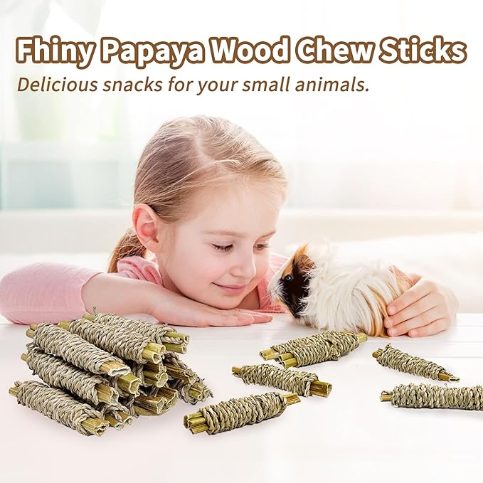 Fhiny 12 PCS Rabbit Chew Sticks, Natural Papaya Wood Seagrass Guinea Pig Chew Toys for Teeth Small Animal Molar Sticks Snacks for Bunny Guinea Pig Chinchilla Ferret Hamster Gerbil Dental Care-PurrikoPets