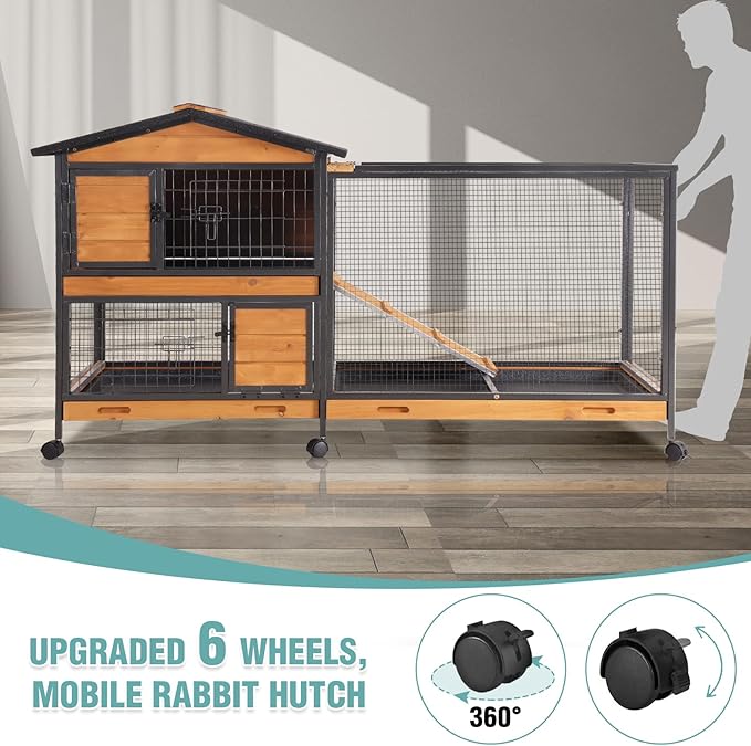 2-Story Rabbit Cage with Chew-Proof Metal Frame for Indoor/Outdoor - 62" Bunny Hutch Guinea Pig Cages with 6 Locking Wheels & 2 Removable Trays for Rabbits/Guinea Pigs-PurrikoPets