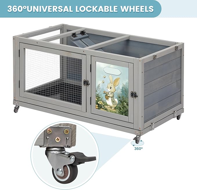 2-Story Wooden Rabbit Hutch for Outdoor & Indoor, Bunny Cage Rabbit House with Wheels, Trays, Ramp, Pet Home for Guinea Pigs, Chickens, Chicken Coop, Gray with Colorful Patterns-PurrikoPets