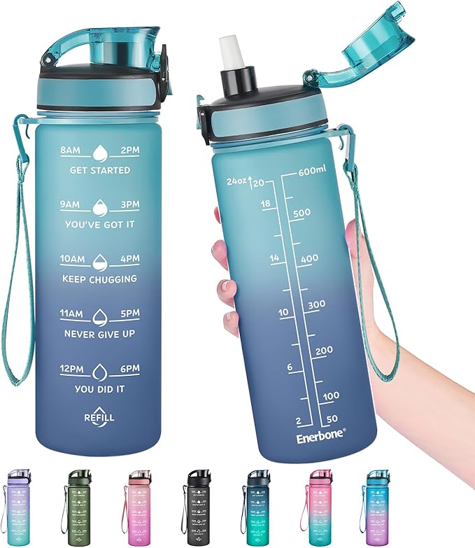 Enerbone Water Bottle, Leakproof BPA & Toxic Free, Motivational Water Bottle with Times to Drink and Straw, Fitness Sports Water Bottle with Strap for Office, Gym, Outdoor Sports-PurrikoPets
