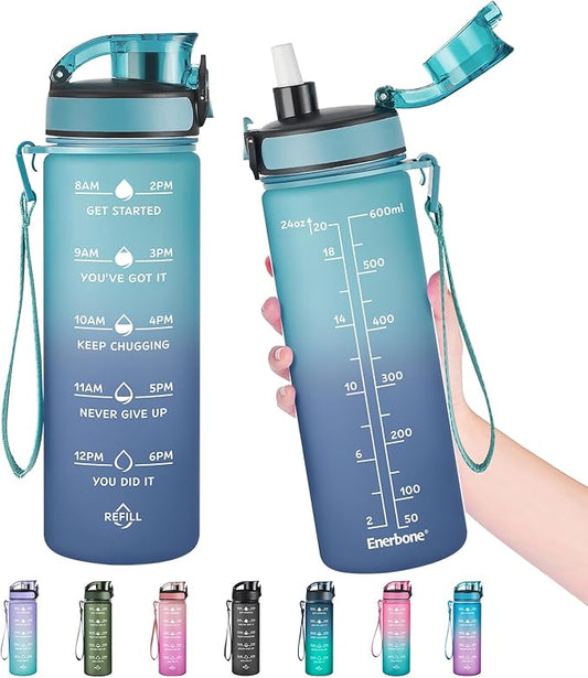 Enerbone Water Bottle, Leakproof BPA & Toxic Free, Motivational Water Bottle with Times to Drink and Straw, Fitness Sports Water Bottle with Strap for Office, Gym, Outdoor Sports-PurrikoPets