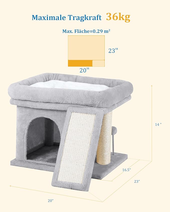 14in Cat Tree Tower with 20 * 16.5in Perch Bed and Washable Top for Large Adult Cats, Condo and Scratching Post for Indoor Kitten Pet, Light Gray-PurrikoPets