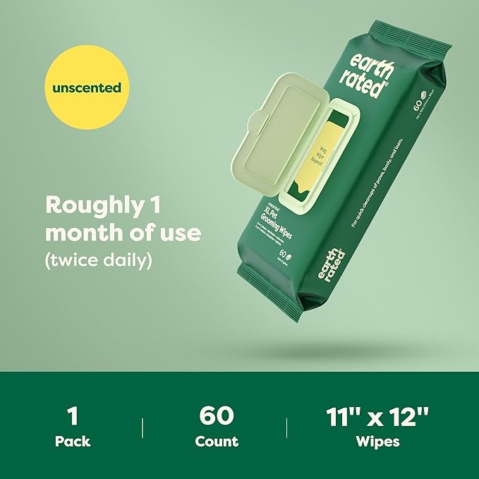 Earth Rated XL Pet Wipes for Dogs & Cats, 3-in-1 Hypoallergenic Cleaning, Deodorizing and Hydrating Extra Large Grooming for Body, Paws and Butt, Unscented, 60 Count-PurrikoPets