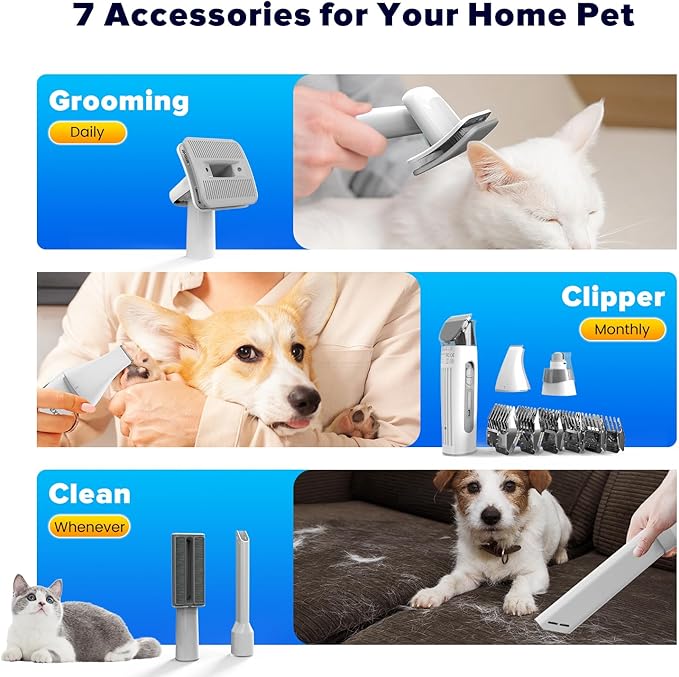 Dog Grooming Kit & Dog Hair Vacuum,15000 Pa Powerful Suction, Pet Grooming Vacuum Removes 99% Pet Hair, Includes Clippers, Brush, Nail Trimmer Grinder, Stainless Steel-PurrikoPets
