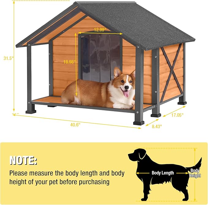 Aivituvin Dog House with Anti-Chewing Metal Frame Outdoor Large Wooden Dog Kennel Outside with Overhang Roof Large Porch Weatherproof-PurrikoPets
