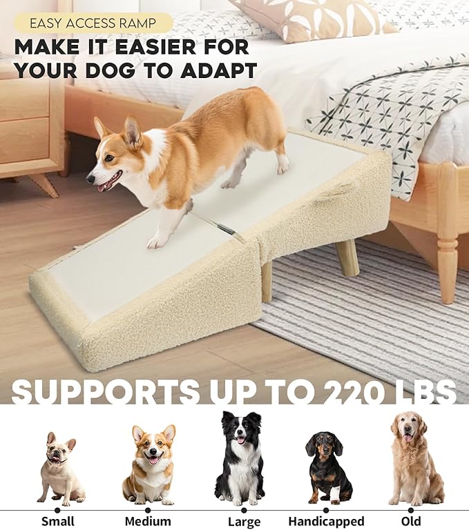 Dog Stairs for Small Dogs and Cats – 2-in-1 Dog Ramp for Bed and Couch, 16.5'' Foldable Wooden Pet Steps, Sturdy Multi-Use Split Ottoman Design, Beige-PurrikoPets