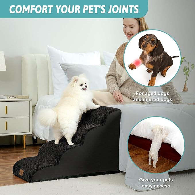 Dog Stairs for Small Dogs 19.7" H, Curved Dog Step for Puppy, Older or Cat, Medium Pet Ramp for Sofa, Couch or Bed, Ladder with High Density Foam, 15.7x28.3x19.7 inch, 4 Step, Black-PurrikoPets