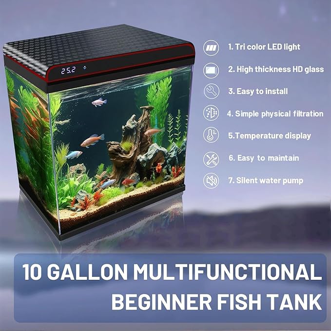 10 Gallon Glass Fish Tank Aquarium Starter Kit - Self-Cleaning with 3-Color LED Lights, Ultra-Quiet Pump & Filter, Smart Temperature Monitoring for Betta, Shrimp, and Tropical Fish-PurrikoPets