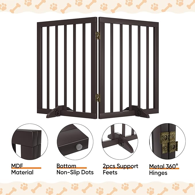 Freestanding Foldable Dog Gate 2 Panel,Fully Assembled Dog Gates for Doorways, Wooden Pet Gates for The House, 24-inch Tall Pet Gate Indoor-PurrikoPets