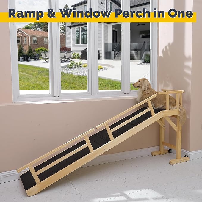 Dog Ramp for Bed or Couch, Wooden Pet Ramp with 20° Gentle Slope, Removable Side Rails, Non-Slip Surface, Top Platform & Wheels, Safe Bed Ramp for Small, Medium & Senior Dogs, 74" Long, Natural-PurrikoPets