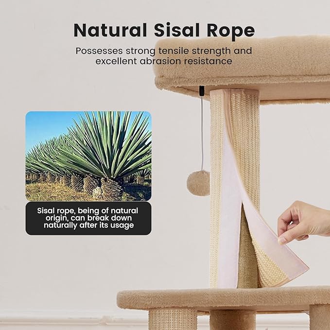 Gardner Pet 65in Heavy Duty Cat Tree Tower for Large Cats, Multi-Level Cat Furniture with Replaceable Sisal Scratching Post, Hammock | Extra-Large Platform & Condo (Upgraded Beige)-PurrikoPets