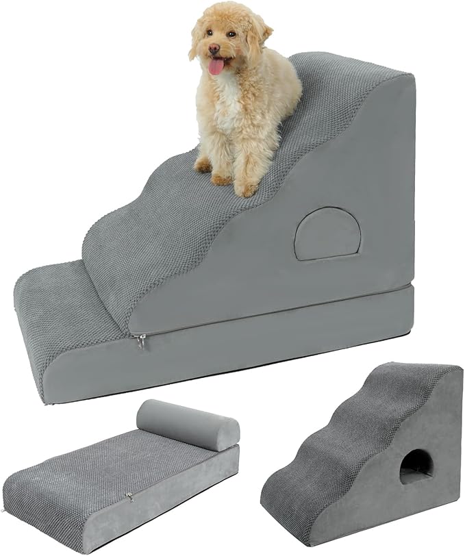 Dog Stairs for Small Dogs 24.6" H, 5-Step Dog Steps for High Bed, High-Density Foam Curved Pet Stairs with Non-Slip Removable Washable Cover to Get on Bed-PurrikoPets