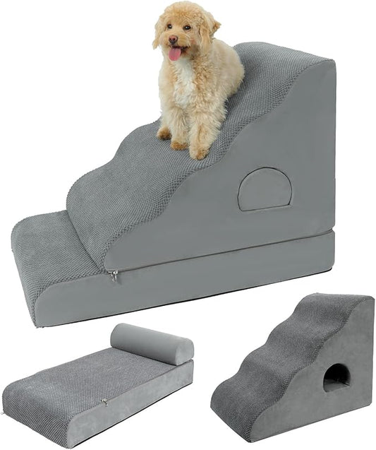 Dog Stairs for Small Dogs 24.6" H, 5-Step Dog Steps for High Bed, High-Density Foam Curved Pet Stairs with Non-Slip Removable Washable Cover to Get on Bed-PurrikoPets