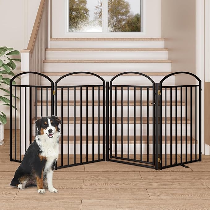4 Panles Full Matel Freestanding Dog Gates with Door, 96"Extra Wide 36"Tall Free Standing Dog Pet Gate for Indoor & Outdoor. Foldable Pet Fences for Doorways, House, Stairs, Porch, Deck, Yard-PurrikoPets