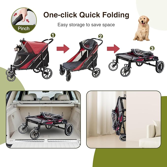 Dog Stroller for Medium/Large Dogs One-Click Folding, Extra Large Pet Stroller for 2 Dogs with Storage Pocket & Shock Absorption, Up to 130 lbs, Red-PurrikoPets