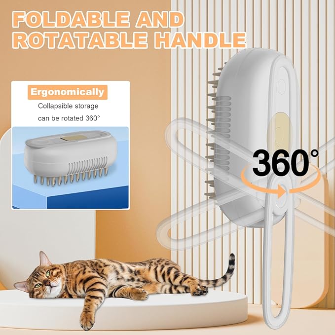 4 in 1 Cat Steam Brush for Shedding，Rechargeable Steam Pet Brush With Rotating Handle for Massaging, Self-Cleaning, and Pet Hair Removal for Long and Short Hair of Cat and Dog （Beige）-PurrikoPets
